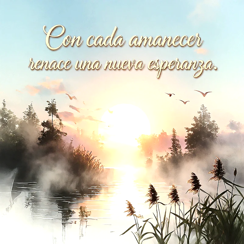 Amanecer sobre un lago con niebla, sol brillante y siluetas de pájaros volando. En primer plano hay plantas de río. Texto escrito que dice Con cada amanecer renace una nueva esperanza.