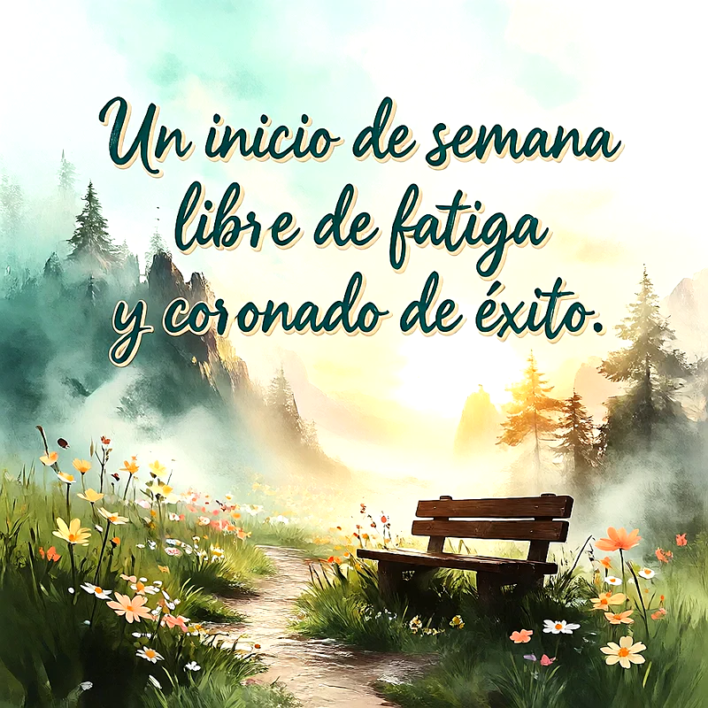 Paisaje natural de un bosque iluminado por el sol, con flores silvestres, un banco de madera y un mensaje de esperanza en letras oscuras.