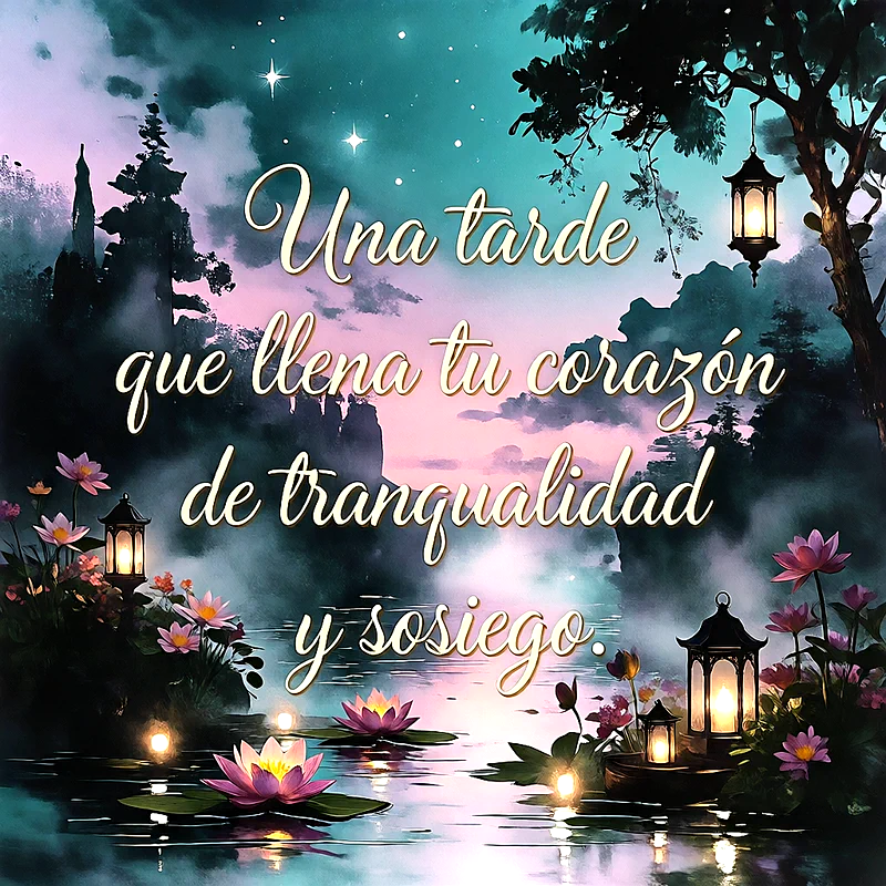 Paisaje nocturno con lago, flores de loto rosas, faroles iluminados y texto que dice Una tarde que llena tu corazón de tranquilidad y sosiego.