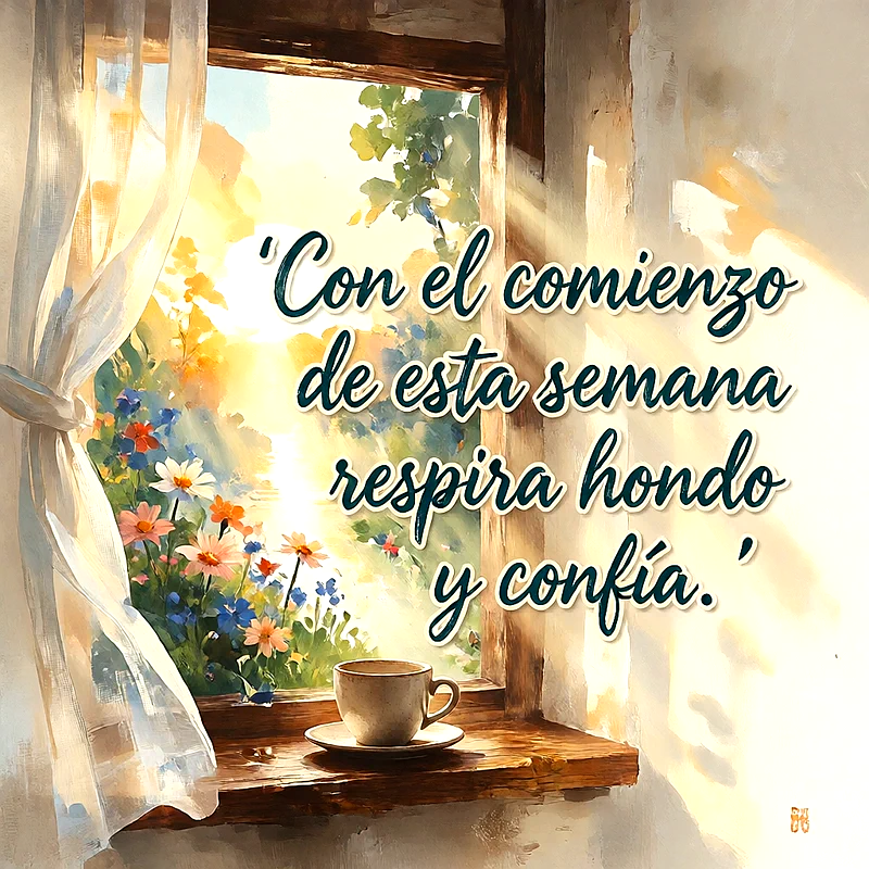 Ilustración de una ventana iluminada por el sol con una taza de café, cortinas blancas, flores coloridas al fondo y un mensaje en letras estilizadas.