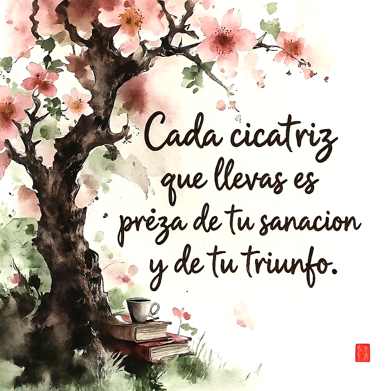 Imagen estilo acuarela con un árbol florecido en tonos rosas, libros y una taza de café en la base, con la frase Cada cicatriz que llevas es prueba de tu sanación y de tu triunfo.