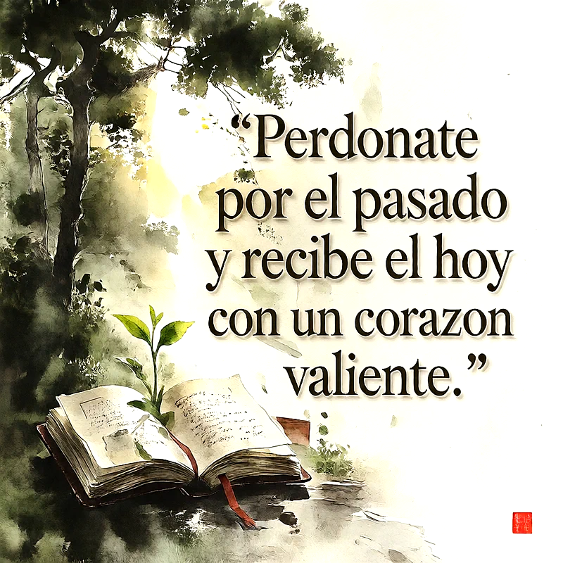 Libro abierto con una pequeña planta verde brotando de sus paginas sobre un fondo de bosque en estilo acuarela, texto superpuesto que dice Perdonate por el pasado y recibe el hoy con un corazon valiente.