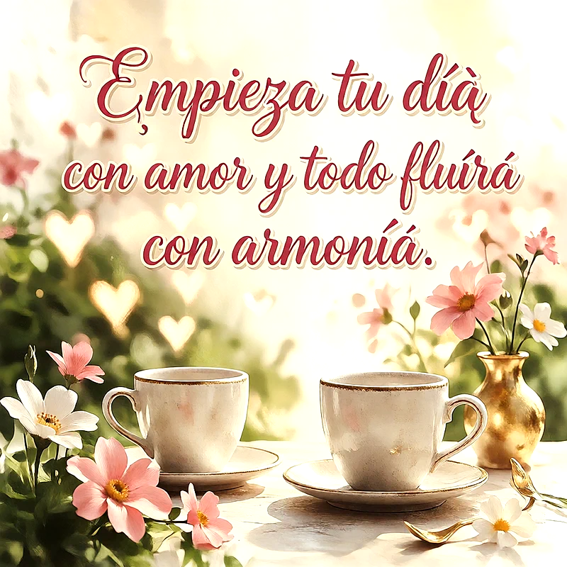 Dos tazas de café sobre una mesa decorada con flores rosadas y blancas, fondo con luces brillantes en forma de corazones, con un mensaje en letras blancas.