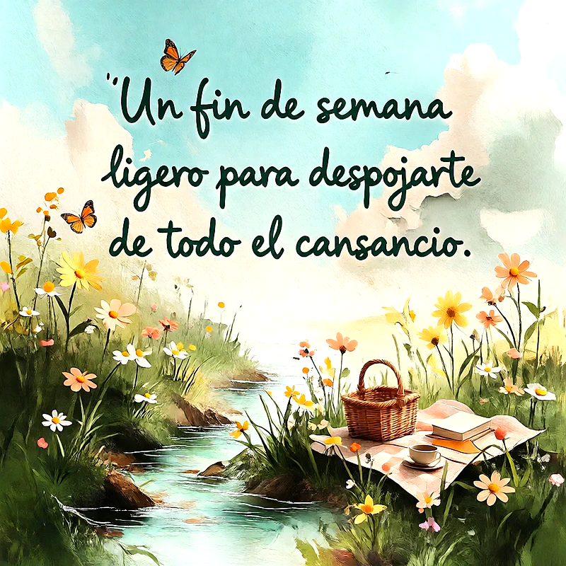 Paisaje natural de un arroyo con margaritas amarillas, mariposas y una cesta de picnic con café, texto en español visible.