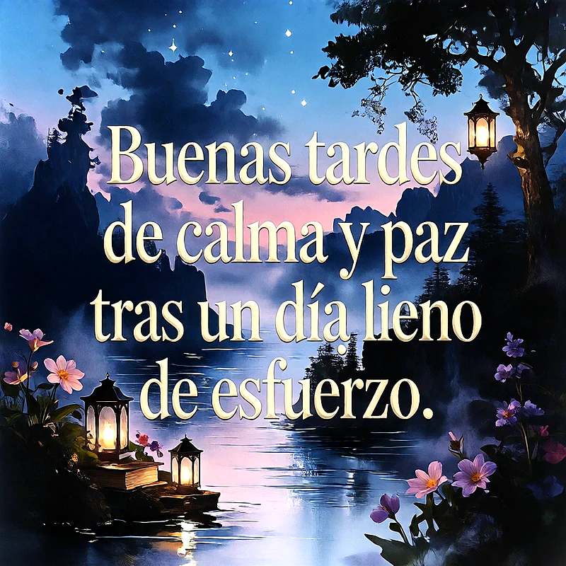 Imagen nocturna de un río tranquilo con faroles encendidos, flores moradas y rosas en primer plano, fondo de cielo estrellado y montañas, texto central que dice Buenas tardes de calma y paz tras un día lleno de esfuerzo.