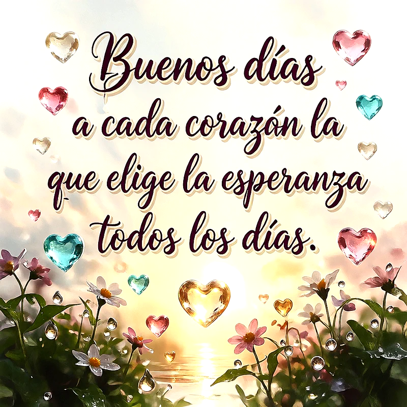 Imagen con flores y corazones brillantes de colores, luz de amanecer de fondo, texto central que dice Buenos días a cada corazón la que elige la esperanza todos los días.