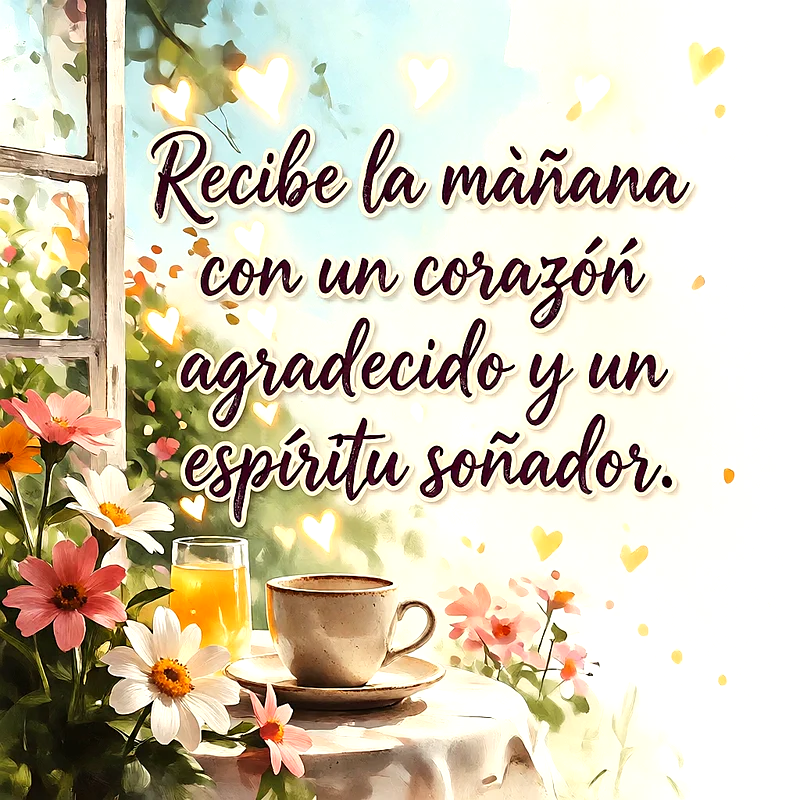 Taza de café con zumo de naranja flores frescas junto a ventana luminosa y mensaje en letras oscuras con corazones flotantes.