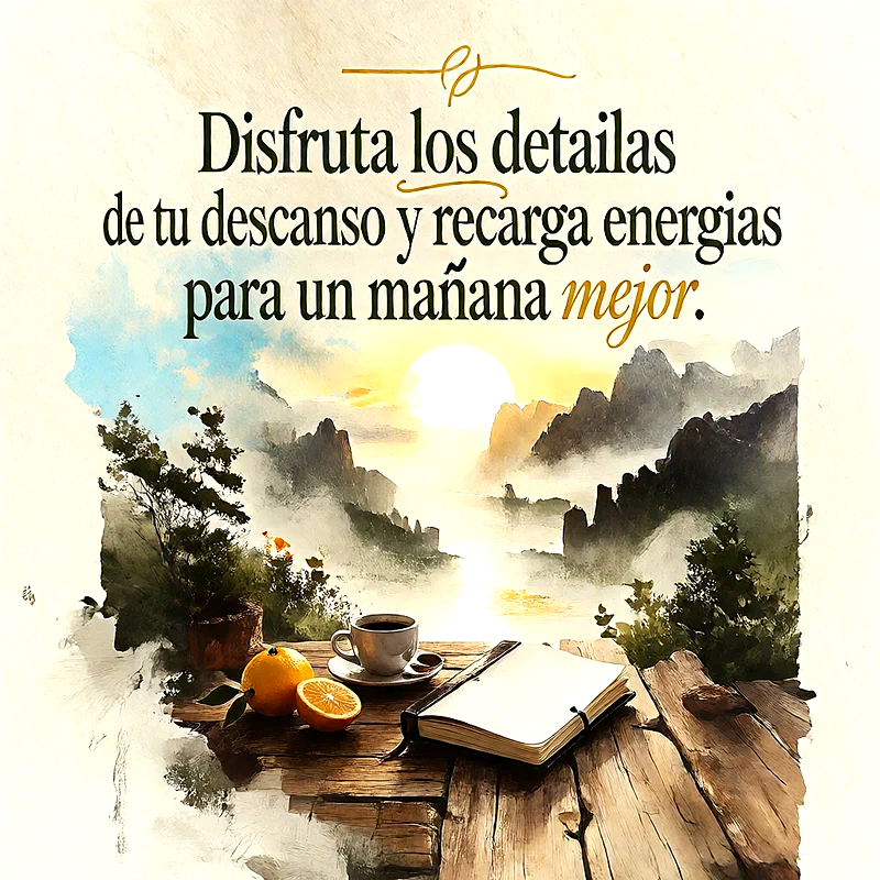 Paisaje de montaña al atardecer con colores cálidos, sobre mesa de madera hay café, una naranja y un cuaderno abierto, texto superpuesto dice Disfruta los detallas de tu descanso y recarga energias para un mañana mejor.