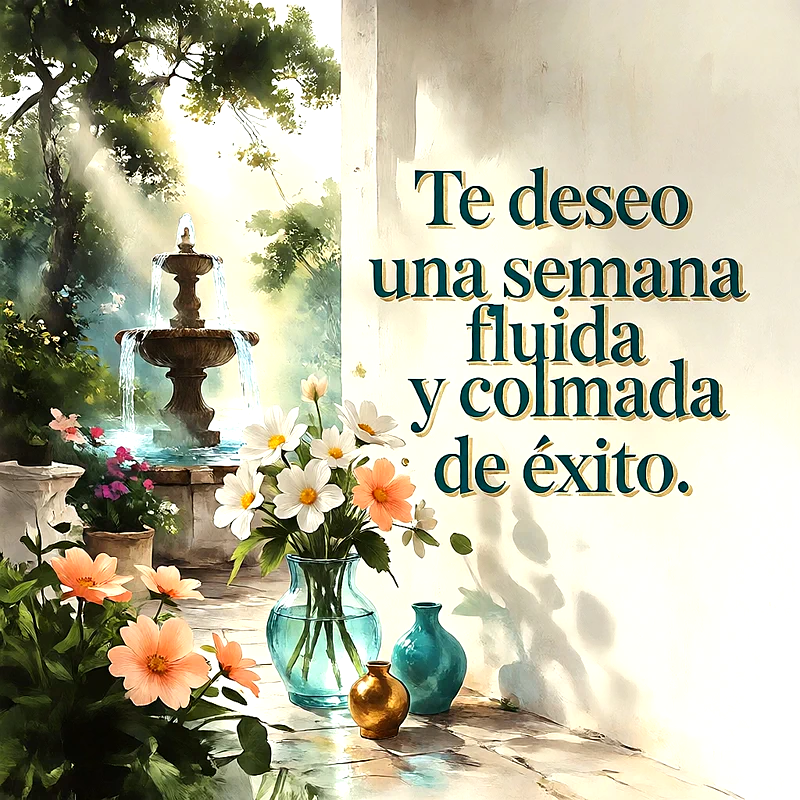 Jardín iluminado con una fuente de agua, floreros con margaritas y un mensaje positivo escrito sobre una pared blanca.