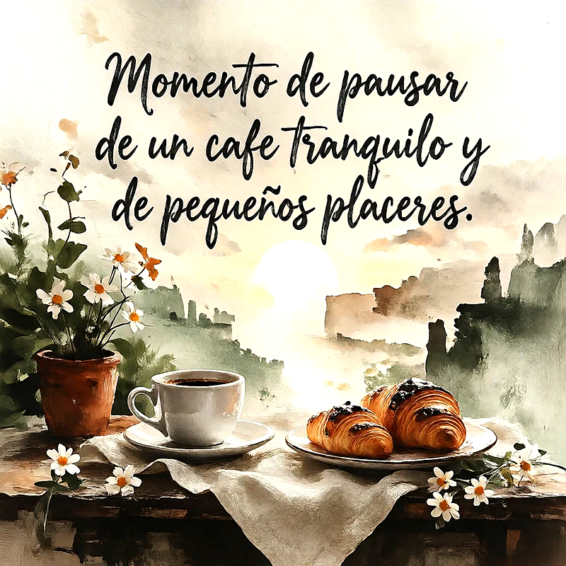 Mesa de madera con una taza de cafe, dos croissants y flores blancas en una maceta, con un amanecer al fondo y el texto Momento de pausar de un cafe tranquilo y de pequeños placeres.