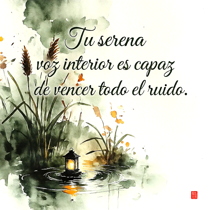 Ilustración en acuarela de un farol encendido junto a un estanque con juncos y vegetación, con el texto escrito Tu serena voz interior es capaz de vencer todo el ruido.