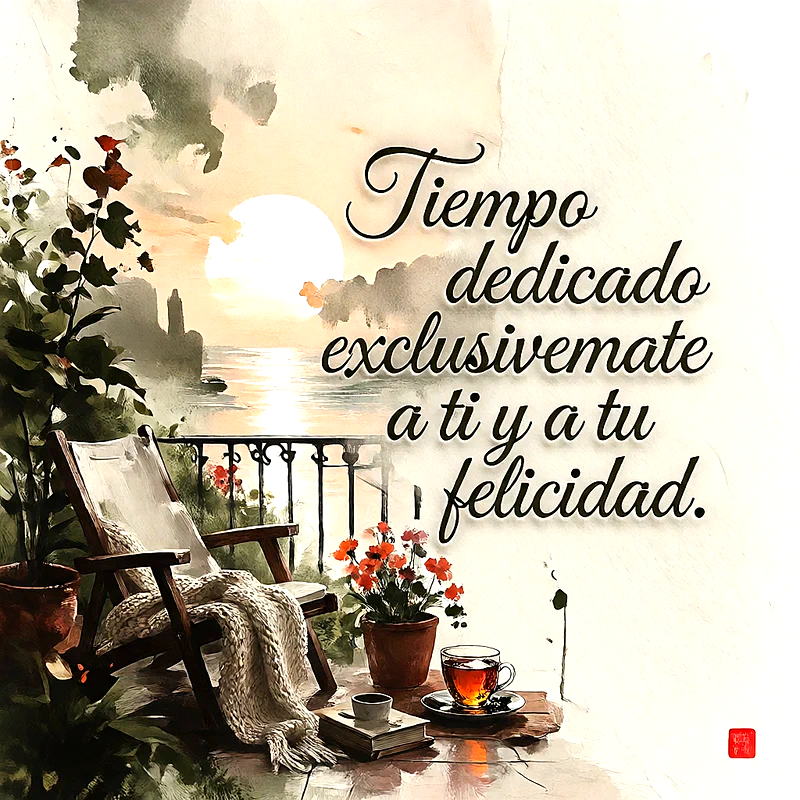 Ilustración de un balcón con una silla de madera, manta, flores naranjas y una taza de té, fondo de atardecer, texto que dice Tiempo dedicado exclusivamete a ti y a tu felicidad.