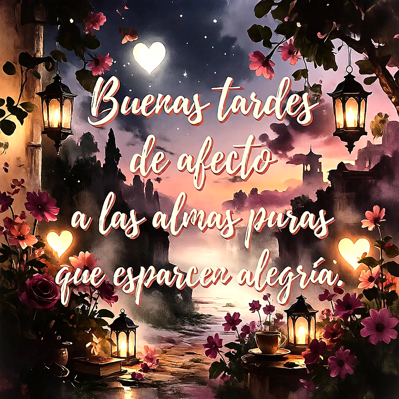 Imagen de buenas tardes con faroles encendidos, flores rosadas y corazones brillantes en un paisaje nocturno con un mensaje espiritual.
