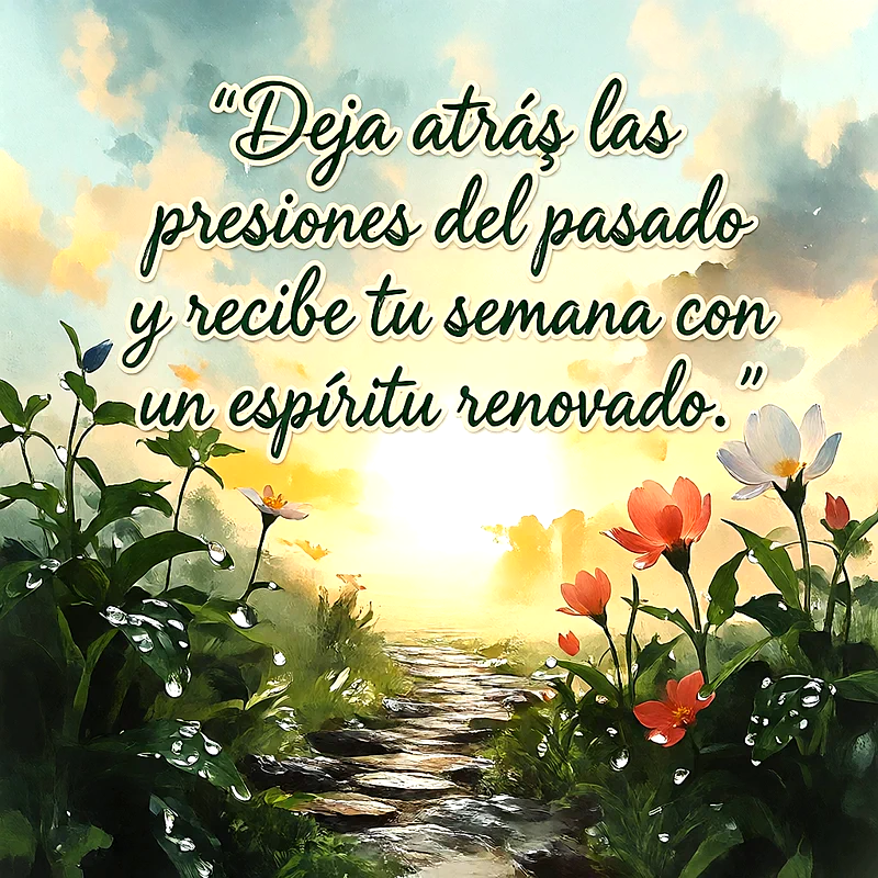 Camino de piedra rodeado de flores silvestres rojas y blancas al amanecer, con un mensaje en letras blancas bajo un cielo luminoso.