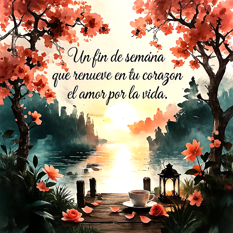Ilustración de un lago al amanecer con árboles de hojas rojas, muelle de madera con taza de té, farol encendido y texto de fin de semana.