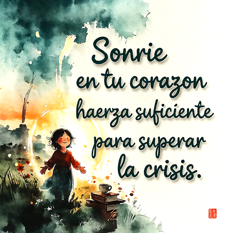 Ilustración en acuarela de una niña sonriente rodeada de luz junto a unos libros y una taza, con la frase Sonrie en tu corazon haerza suficiente para superar la crisis.