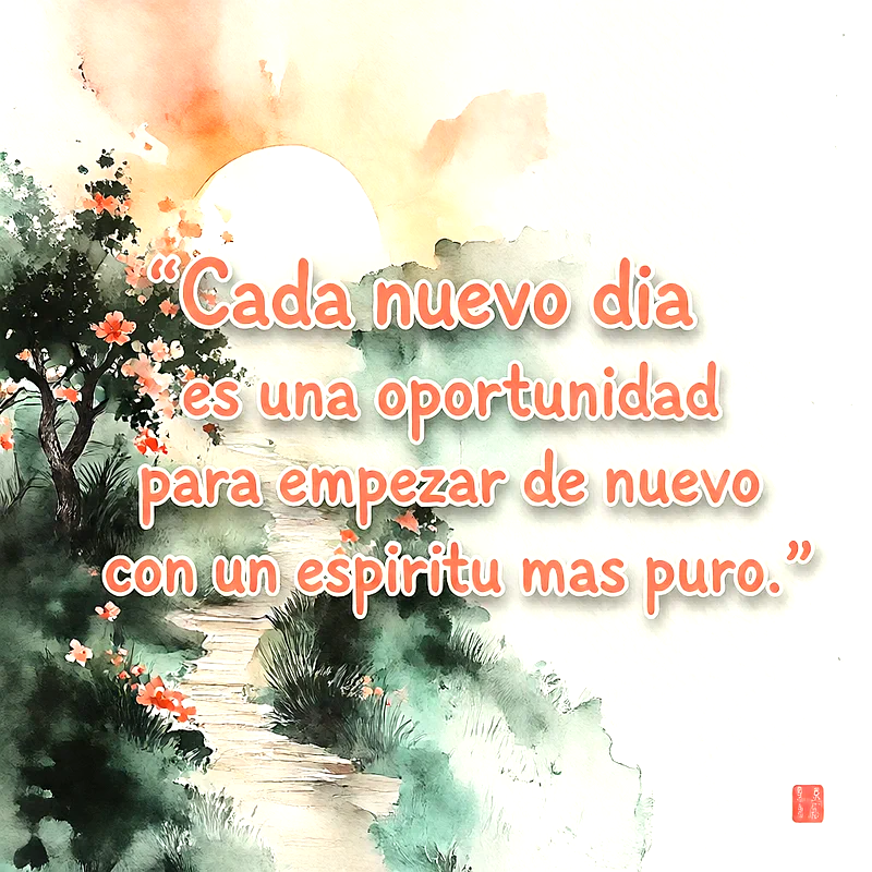 Ilustración en acuarela de un camino hacia el amanecer con flores naranjas y texto que dice Cada nuevo dia es una oportunidad para empezar de nuevo con un espiritu mas puro.