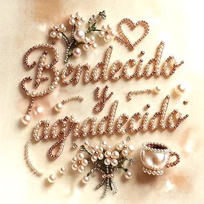 Texto Bendecido y agradecido elaborado con perlas y cuentas sobre fondo claro, decorado con flores de perlas, corazón y taza miniatura.