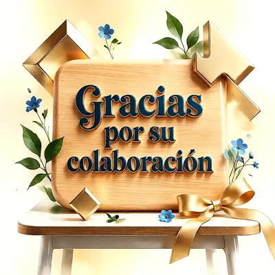 Cartel de madera con el texto Gracias por su colaboración en letras azules, decorado con flores azules y lazo dorado sobre mesa blanca.