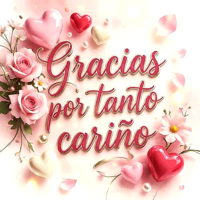 Fondo claro con letras rosadas que dicen Gracias por tanto cariño, decorado con corazones rojos y rosas, flores blancas y perlas alrededor.