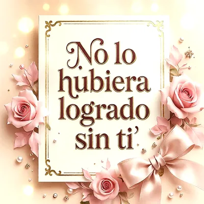 Tarjeta blanca con marco dorado y texto 'No lo hubiera logrado sin ti', rodeada de rosas rosas, un lazo de satén y perlas sobre fondo beige.