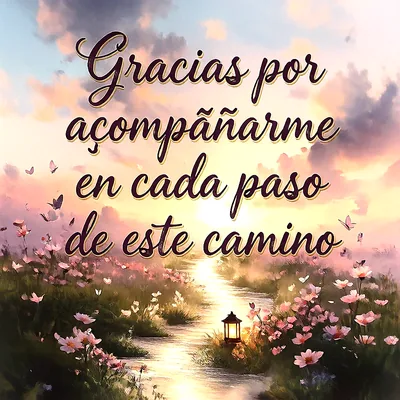 Imagen de agradecimiento con un sendero brillante entre flores rosas y mariposas, bajo un atardecer. Presenta el texto "Gracias por acompañarme en cada paso de este camino".