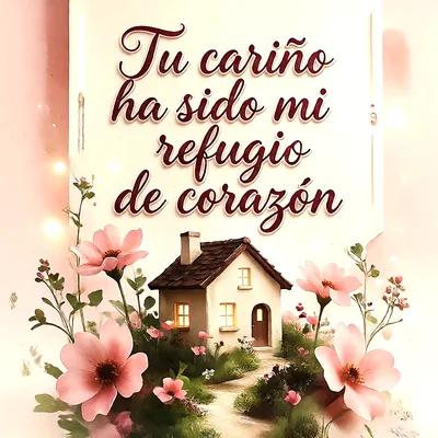 Ilustración de una pequeña casa acogedora con luz en las ventanas, rodeada de delicadas flores rosadas y vegetación. Incluye el texto 'Tu cariño ha sido mi refugio de corazón' en letras cursivas.
