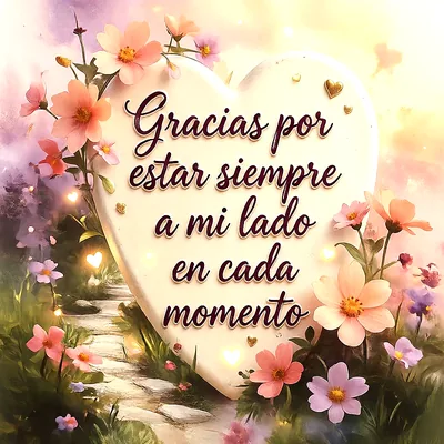 Corazón blanco con texto 'Gracias por estar siempre a mi lado' rodeado de flores rosadas, camino de piedras y corazones dorados brillantes.