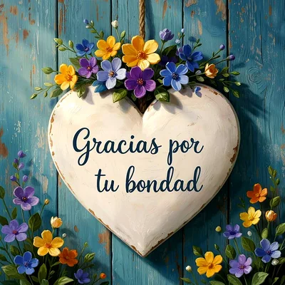 Corazón de madera blanca con texto Gracias por tu bondad, decorado con flores de colores y fondo azul desgastado.