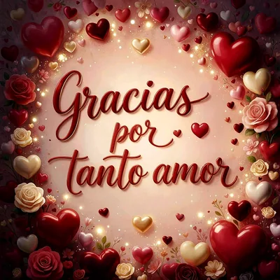 Texto de gracias por tanto amor en letras rojas metálicas sobre fondo rosa suave con corazones 3D y rosas.