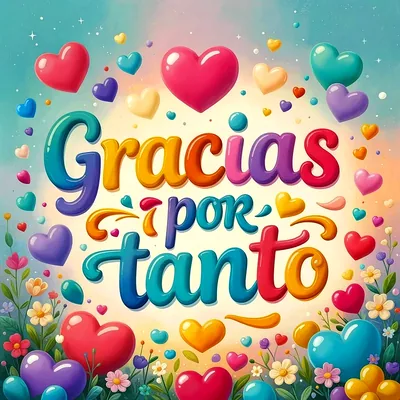 Texto tridimensional que dice Gracias por tanto sobre fondo de degradado celeste, adornado con corazones de colores y flores estilizadas.