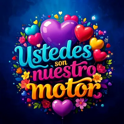 Manzanera de corazones coloridos y flores sobre fondo azul oscuro, con el texto brillante Ustedes son nuestro motor en letras naranjas.