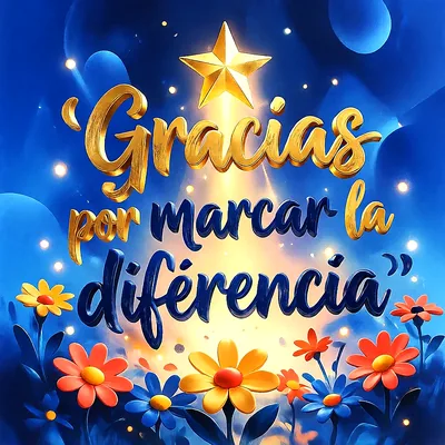 Tarjeta azul con texto dorado Gracias por marcar la diferencia, estrella brillante y flores de colores en la parte inferior.