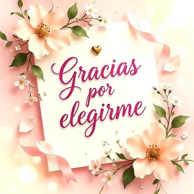 Tarjeta blanca con el texto 'Gracias por elegirme' en letras fucsia cursivas, decorada con flores melocotón, pequeñas flores blancas, hojas verdes y lazos rosas.