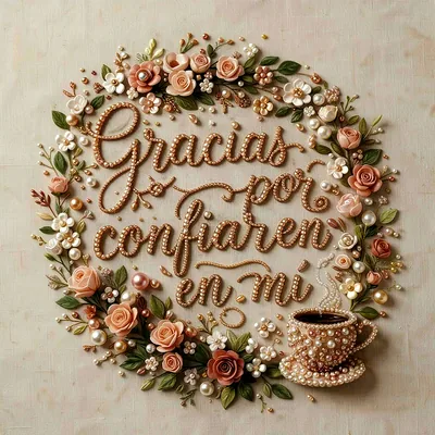 Taza de café adornada con perlas y coronada por rosas color durazno y flores blancas, texto Gracias por confiar en mi en caligrafía de perlas doradas.