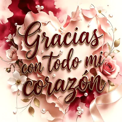 Imagen de agradecimiento con la frase 'Gracias con todo mi corazón' en letras rojas y doradas. Presenta rosas rosadas, flores blancas, perlas y hojas doradas, sobre un fondo floral en tonos rosa y rojo.