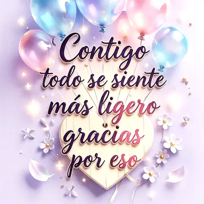 Corazón de madera con texto en caligrafía, globos pastel, flores blancas y estrellas brillantes sobre fondo lila suave.