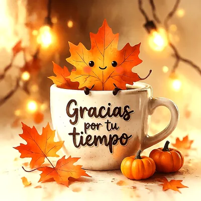 Imagen de agradecimiento con una hoja de arce sonriente asomándose de una taza blanca. Incluye calabazas pequeñas y hojas otoñales en colores cálidos. El texto dice 'Gracias por tu tiempo'.