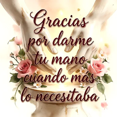 Imagen de agradecimiento con dos manos esculpidas y flores rosadas y blancas. El texto en letras cursivas rojas dice 'Gracias por darme tu mano cuando más lo necesitaba'.