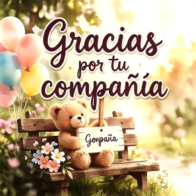 Oso de peluche marrón sentado en un banco de madera con un cartel de gracias, balones coloridos y flores al lado.