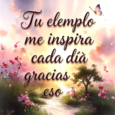 Paisaje pintado con atardecer dorado, arbol solitario, flores rosas y mariposa. Texto manuscrito café que dice Tu ejemplo me inspira cada día.