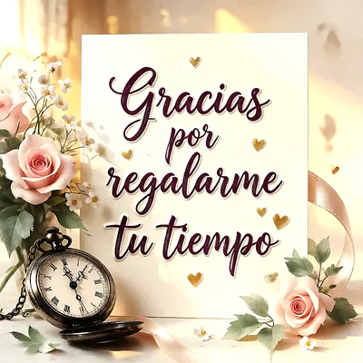 Tarjeta de agradecimiento con texto manuscrito, reloj de bolsillo antiguo, rosas púrpuras y corazones dorados sobre fondo beige.