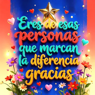 Texto 3D en azul y naranja sobre fondo azul con estrellas doradas, corazones rojos y flores de colores vibrantes.