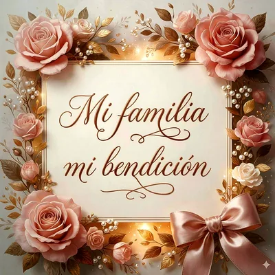 Tarjeta elegante con rosas en tonos rosa y dorado, marcos dorados y un lazo satinado, texto caligráfico que dice Mi familia mi bendición.