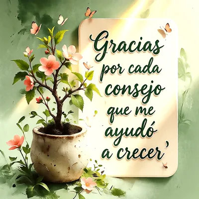 Planta con flores rosadas en maceta rústica y cartel blanco. El texto visible dice 'Gracias por cada consejo que me ayudó a crecer', con mariposas y un fondo verde suave.