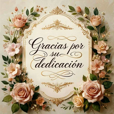 Tarjeta de agradecimiento floral con rosas y flores pastel en tonos rosa y crema, rodeando un marco dorado. El texto visible dice 'Gracias por su dedicación'.