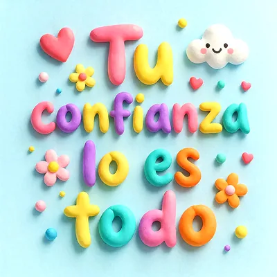 Frase de autoestima hecha con letras de plastilina multicolor sobre fondo azul cielo decorado con nubes.
