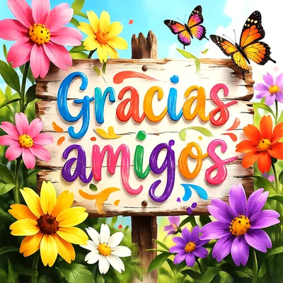 Cartel de madera con el texto 'Gracias amigos' en letras coloridas. Flores de colores vivos (rosa, amarillo, naranja, morado) y follaje verde lo enmarcan, con mariposas y un cielo azul.