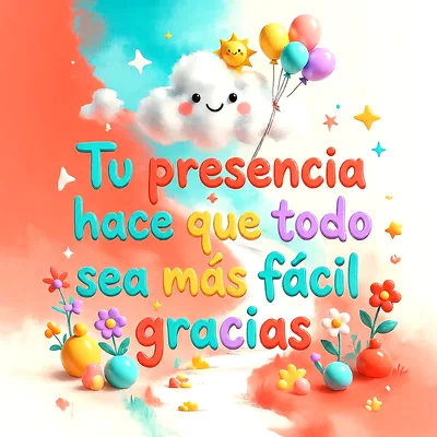 Nube con cara sonriente sosteniendo globos de colores pastel y un sol feliz, flores 3D y texto de agradecimiento en letras coloridas sobre fondo rosa y azul turquesa.