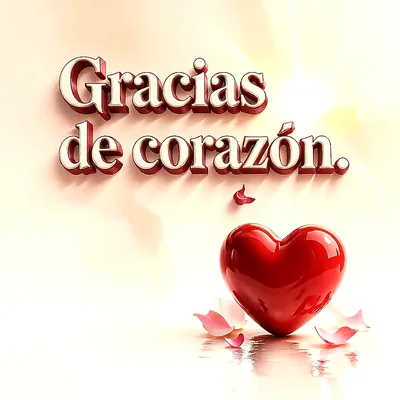 Corazón rojo brillante con pétalos rosas sobre fondo beige claro y texto tridimensional que dice gracias de corazón.